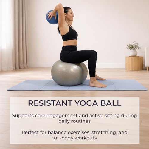 Foldable PILATES MAT with 3 Resistance Bands Set, Pilates Ball & Yoga Ball — 6-Piece Pilates Kit, Extra Thick Workout Mat, Air Pump Included. At Home Workout Equipment for Women and Men
