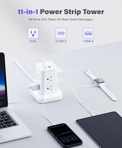 Power Strip Tower with Surge Protector 1800J, Fast Charging Tower PD20W USB-C Ports with 8 AC Outlets, Extension Cord for Home Office Dorm Room, White, 8FT - color: White, size: 8FT