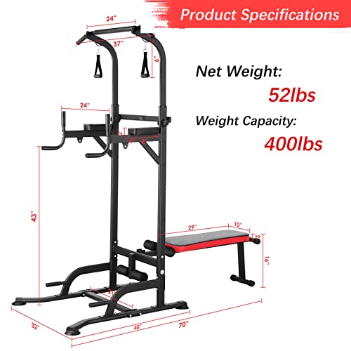 TLSUNNY Power Tower with Bench, Pull Up Bar Dip Station, Power Tower Dip Station, Training Workout Equipment, Height Adjustable Pull Up Tower w/Folding Bench 4 Ropes, Strength Training, Home Gym
