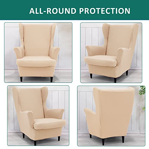 NILUOH Wingback Chair Cover 2-Piece Soft Stretch Wing Chair Slipcover Solid Color Armchair Sofa Couch Cover Furniture Protector with Elastic Bottom for Living Room Bedroom (Beige) - color: Beige