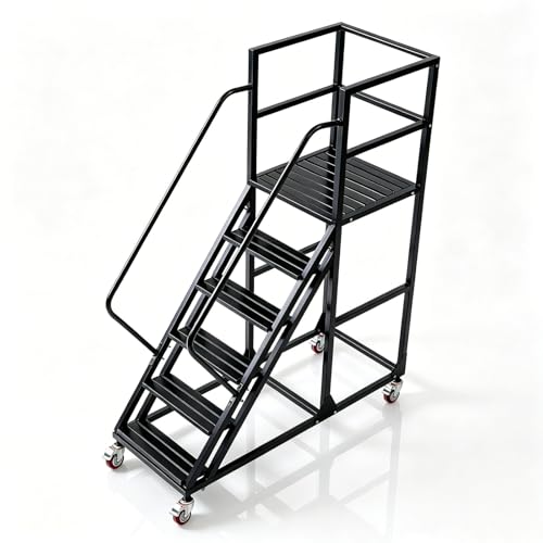 6 Step Rolling Warehouse Step Ladder, Industrial Mobile Staircase on Wheels, 1100Lbs Weight Capacity, Heavy Duty Mobile Platform Ladder with Handrails, Suitable for Warehouse, Library (Black, 6 steps) - color: Black