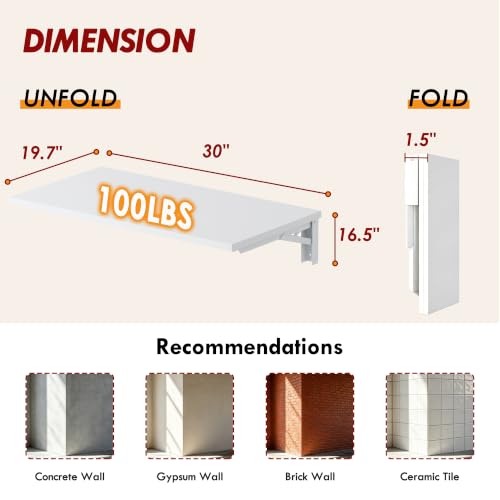 Need Small Fold Down Table Wall Mounted Heavy Duty Small Folding Wall Table Length 30 inches Width 20 inches Perfect Addition to Laundry Room/Home Bar/Kitchen & Dining Room AC15DW(7650) - color: White Desktop & White Folding Shelf Brackets, size: L30" * W