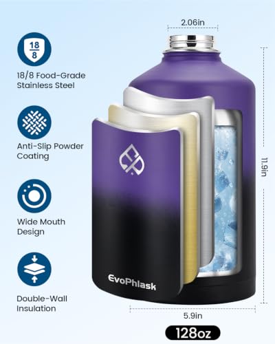 1 Gallon Water Bottle Insulated, Vacuum Stainless Steel Water Bottle Keep Cold 48Hrs, 128 oz Large Gallon Water Jug for Travel, Sport, Gym, Hiking with Carrier Bag, Purple/Black - color: Purple/Black, size: 128 Ounces