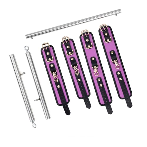 3 in 1 Heavy Duty Stainless Steel Expandable Spreader Bar with 4pcs PU Rose-Gold Adjustable Straps,Workout Bar for Home Gym Training Bar,Portable Detachable Pilates Kit - style: Silver+Purple PU Kit