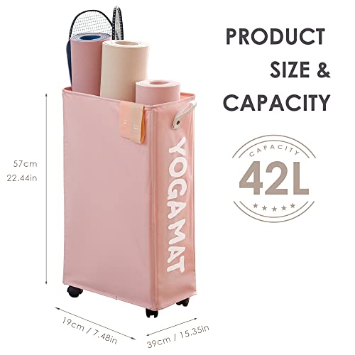 Caroeas Yoga Mat Storage Rack, Yoga Mat Holder Accessories, Home Gym Equipment Storage Yoga Mats, Women Men Workout Equipment Organization with Wheels - color: Pink/22'', size: 22'' Large
