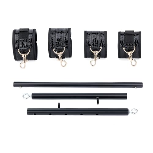Spreader Bar Heavy Duty Stainless Steel Expandable Silver Bar Home Gym with 4pcs Furry Purple Adjustable Straps,Sports Aid Training Fitness Gear Pilates Aid Kit - style: Black+PU Crocodile Black