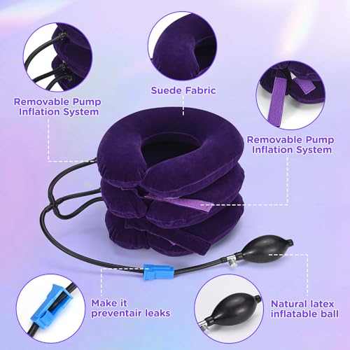 Lit-Pack Cervical Neck & Vertebra Traction Device for Neck Pain Relief, Adjustable Inflatable Neck Stretcher Pillow for Neck Tension Relief Decompression Neck Brace Pump with Carrying Bag Brown - color: Brown