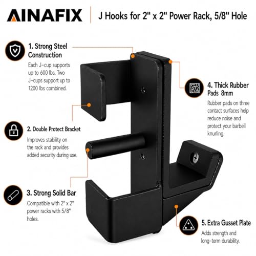 J Hooks for 2" x 2" Power Rack, Rubber Pad J-Hook for Power Cage, Bottom Reinforced Steel J Cups for Squat Rack, Heavy Duty Barbell Holder, Black - size: for 2"x2" Rack with 5/8" Hole