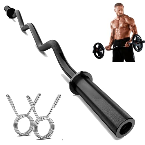 Olympic EZ Curl Bar 47-Inch - Chrome Curling Barbell for Biceps,Triceps,Arm Workouts,Compatible with 2"Olympic Plates,Includes Spring Collars,Home Gym Strength Bar(500LB Capacity)