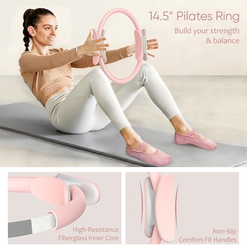 NANATI Pilates Kit, Home Pilates Workout Kit for Women, Pilates Equipment with 14.5" Pilates Ring and Ball, Resistance Bands, Ankle Weights, Sliders & Grip Socks for Home Workouts - color: New Pink