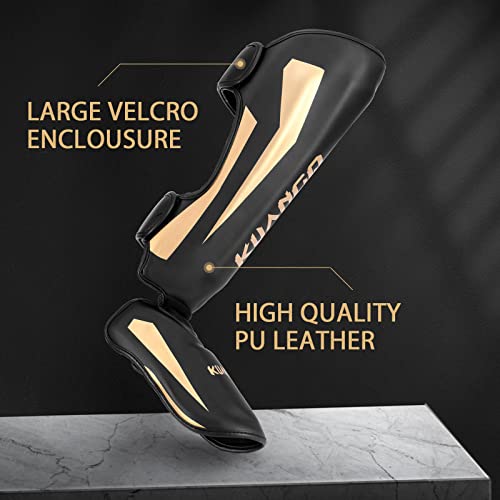 Muay Thai Shin Guards for MMA Sparring, Martial Arts,Kickboxing | Leg Instep Protection Pads, Kickboxing MMA Training, Sparring Gear, Professional MMA Equipment - color: Black-Gold, size: Large