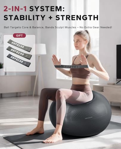 HAPBEAR Exercise Ball- Anti-Burst Slip-Resistant Yoga/Pilates Ball for Core Training & Posture Improvement, Home Gym/Rehab/Pregnancy Ball, Quick Pump & 3 Resistance Bands Included - color: Black, size: L (23-26IN / 58-65cm)