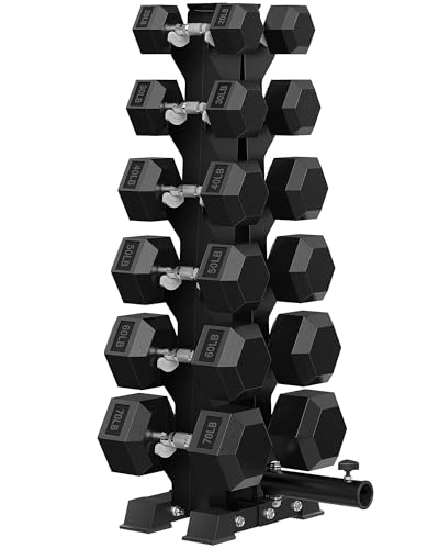 HANDBODE Rubber Coated Hex Dumbbell Set with A-Frame Rack, 100 lb - 600 lb Multiple Options Weight, Hexagon Non-Rolling Shape, Ergonomic Knurled Handle, Home Gym Equipment for Strength Training - style: 540 lb (20, 30, 40, 50, 60, 70 lb) X 2 & Rack