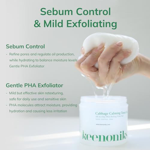 keenoniks Cooling & Pore Care Toner Pads – Redness Relief + Gentle Peeling with Cabbage Extract & PHA – Korean Skincare - 70 Pads (5.07 oz) - color: Green