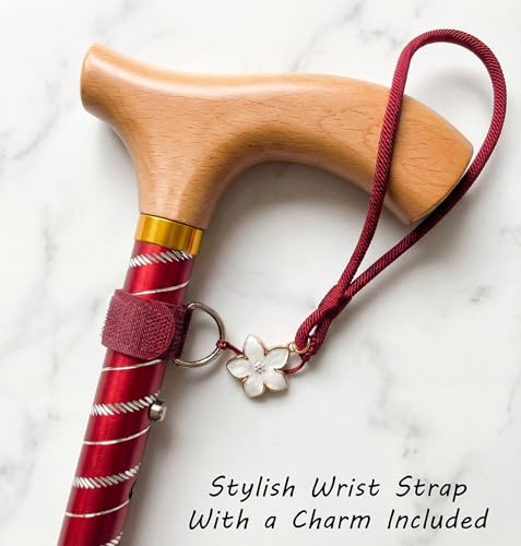 Asterom Canes for Women - Foldable, Adjustable, Collapsible - Fashionable Walking Cane for Women, Wooden Handle - color: Red