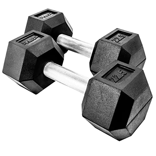 Rep Fitness Rubber Hex Dumbbell(s) - Singles (55LB +) and Pairs (5LB - 50LB) - Low Odor, Fully Knurled Handle - style: 22.5 LB Pair