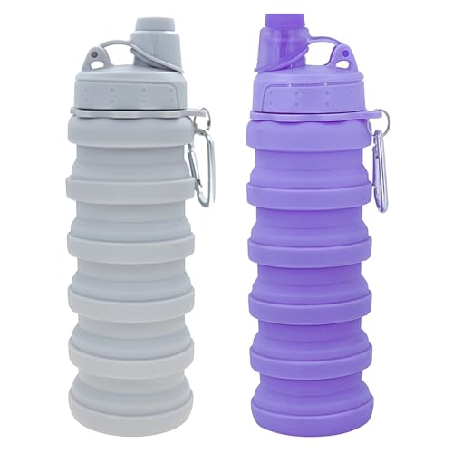 Collapsible Water Bottles Travel water bottle Sports Portable Sport Water Bottle Reusable Water Bottles comes with mountaineering Buckle 500ml silicone Water-proof camping water bottle - color: Light grey+Purple, style: 2 pack