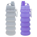 Collapsible Water Bottles Travel water bottle Sports Portable Sport Water Bottle Reusable Water Bottles comes with mountaineering Buckle 500ml silicone Water-proof camping water bottle - color: Light grey+Purple, style: 2 pack
