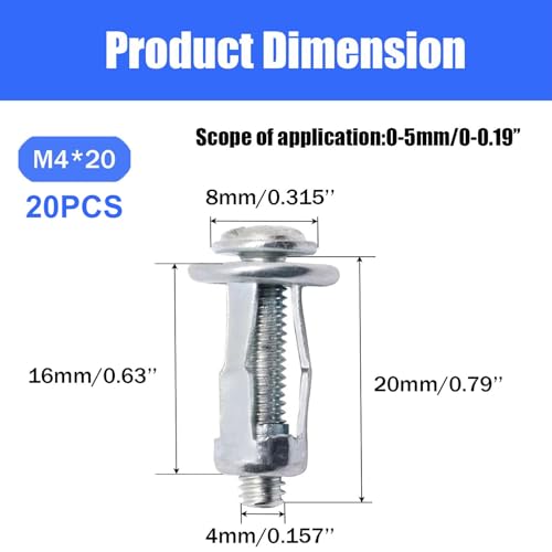 20pcs Hollow Wall Anchors for Thin Walls Heavy Duty, M4 x 4/5" - size: M4 x 20mm