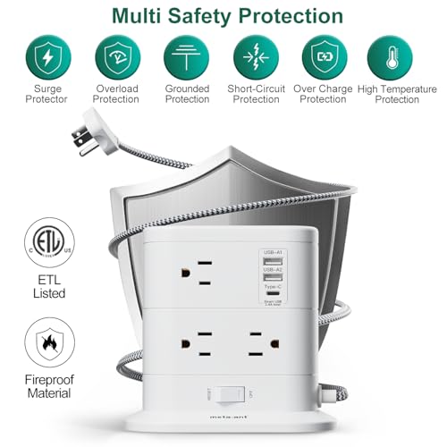 10 in 1 Surge Protector Power Strip Tower - 5Ft Flat Plug Extension Cord with 7 Outlets 3 USB Ports (1 USB C), Desk Power Strips with Surge Protection for Home Office Supplies Dorm Room Essentials
