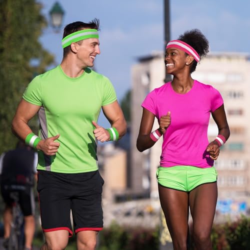 72 Pcs 80s Neon Headbands Sweatband Set, Include 24 Sports Headbands and 48 Sweat Wristbands Bulk for Woman Man - style: Vivid