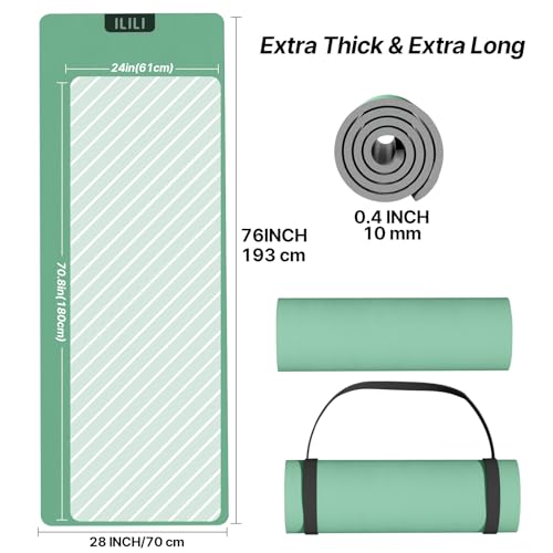 ILILI Yoga Mat 10mm Thick, Suede&TPE Exercise Mat, 76"L*28"W Extra Long, 0.4 Inches Soft and Comfortable, 193*70cm Fitness Mat with Strap, Portable for Yoga, Pilates, Floor Exercise, Home and Outdoor Use, Eco Friendly - color: Green