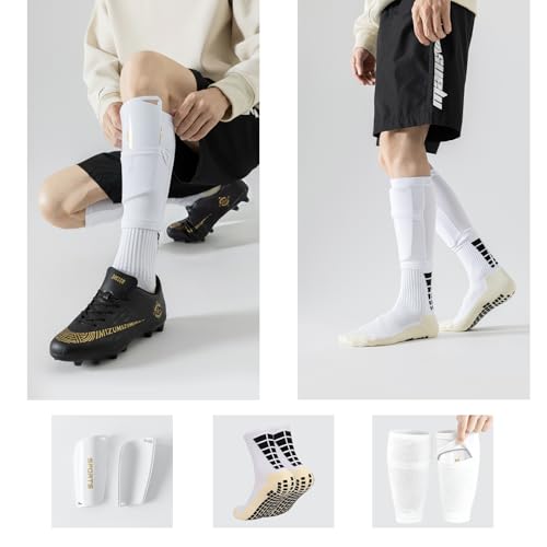 Soccer Socks with Shin Guard for Men, 1 Pairs Mens Grip Soccer Socks and 1 Pairs Shin Sleeves with Shin Guards, Footaball Equipment Shin Sleeves with Pads for Adults - color: A White