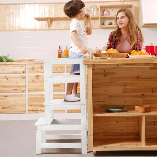 Elevon Kitchen Step Stool with Safety Rail, Multipurpose Standing Support Platform, Wooden Anti-Slip Step with Stable A-Frame Structure for Home Use, White - color: White