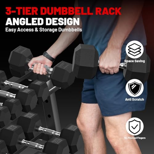 PAPABABE Dumbbell Set with Rack Dumbbells Rubber Encased Home Gym | PAPABABE Complete & Durable Cast Iron Core Odorless PVC Antiroll Hex Shape Ergonomic Chrome Handle Versatile Home Gym - size: 550LB with 3-Tier Weight Rack