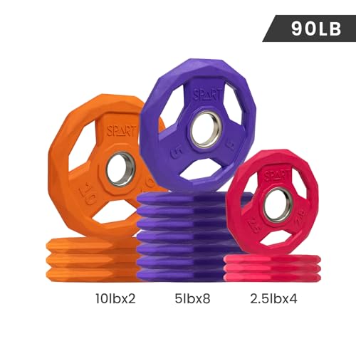 SPART Color Coded Weight Plate 2-Inch Rubber Coated Olympic Grip Plate for Barbell, Solid Cast Iron Weight Plates for Strength Training, Weightlifting, Crossfit, Home Gym, 2.5LB/5LB/10LB/25LB/35LB/45LB, Pair - color: 90LB SET