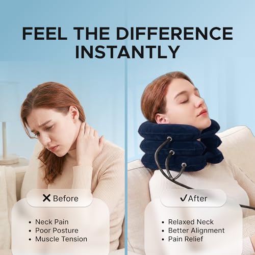 Inflatable Neck Stretcher for Neck Pain Relief, Cervical Traction Device with Hand Pump, 3-Layer Adjustable Neck Decompression Collar for Pinched Nerve, Stiff Neck & Tech Neck Support | Breathable Material - color: Midnight Navy Blue
