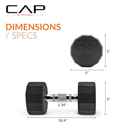 CAP Rubber Coated Dumbbell Weights, Free Weights for Home Gym Strength Training, Anti-Roll Hex Dumbbells with Black, Chrome & Comfort Grip Handles, Pairs & Sets - size: 20 lb - Pair, style: 12-Sided - Chrome Handle