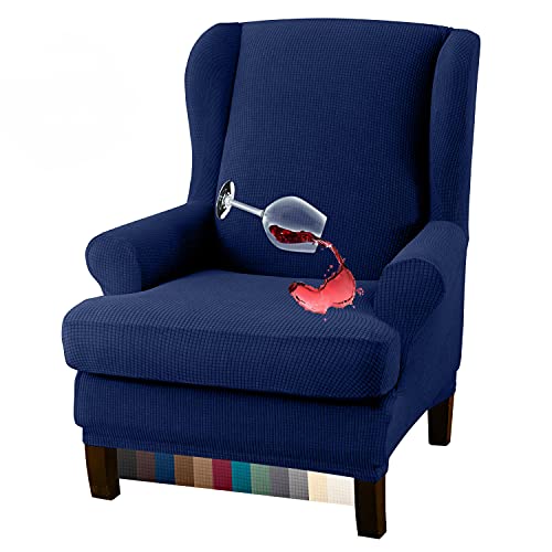 Granbest Premium Water Repellent Wingback Chair Cover 2-Piece High Stretch Jacquard Fabric Wing Back Chair Slipcovers (Wing Chair Cover, Navy Blue) - color: Navy Blue