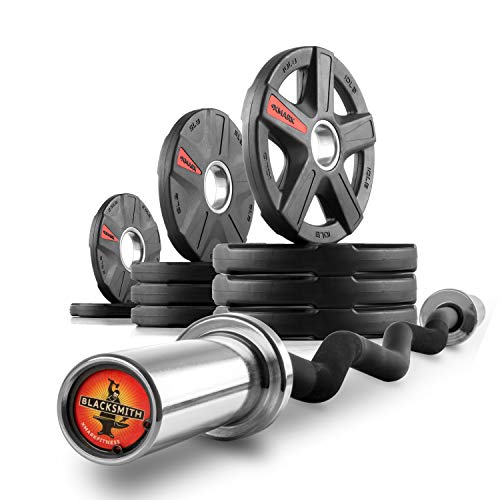XMARK Olympic Weight Set | TEXAS STAR Weight Set Rubber-Coated Olympic Weight Set With XMARK BLACKSMITH Barbell Bar, Barbell Weight Set, Weights, Barbell - color: 05) CURL BAR & 65 lb Weight Set