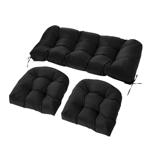 Wicker Chair Cushions Set, 2 U-Shaped Cushions & 1 Loveseat, Waterproof Outdoor Loveseat Cushion for Patio Furniture, Settee Bench Pad All Weather,Black - color: Black