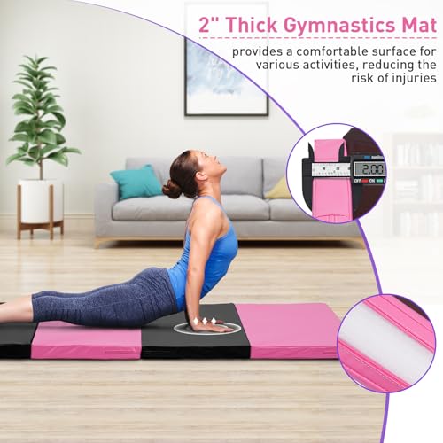 Gymnastics Mat, 3'x6'/4'x6' Thick Folding Kids' Gymnastic Tumbling Mat with Carrying Handles for Home Gym Exercise & Play - color: 3x6FT-Pink&Black