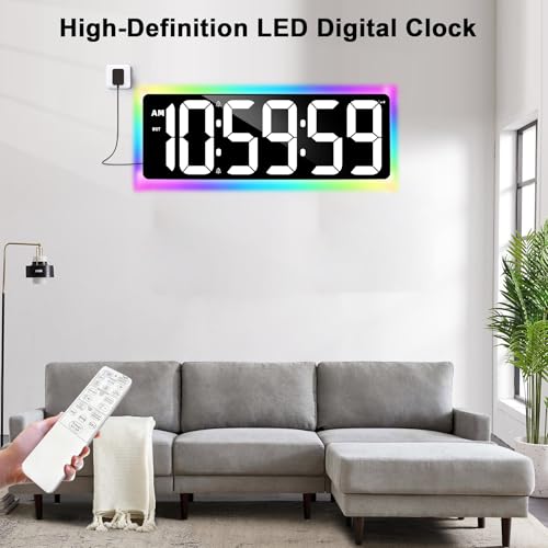 TXL 17.2" WiFi Digital Wall Clock with Seconds, Large Countdown Timer for Classroom Home Gym Office, Alarm Clock with Remote Control, RGB Ambient Lights, 4 Dimmable Brightness, Auto DST(White) - color: White