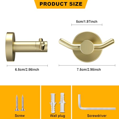 2 Pack Towel Hooks for Bathroom, Screw in Stainless Steel Wall Hooks for Hanging Coat Robe Keys(Brushed Gold) - color: Brushed Gold
