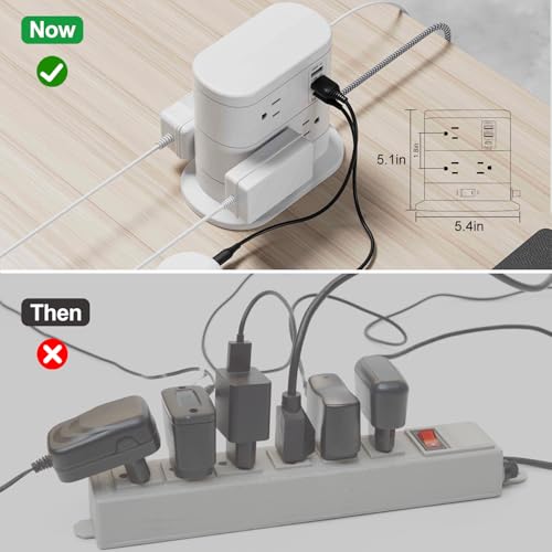 10 in 1 Surge Protector Power Strip Tower - 5Ft Flat Plug Extension Cord with 7 Outlets 3 USB Ports (1 USB C), Desk Power Strips with Surge Protection for Home Office Supplies Dorm Room Essentials