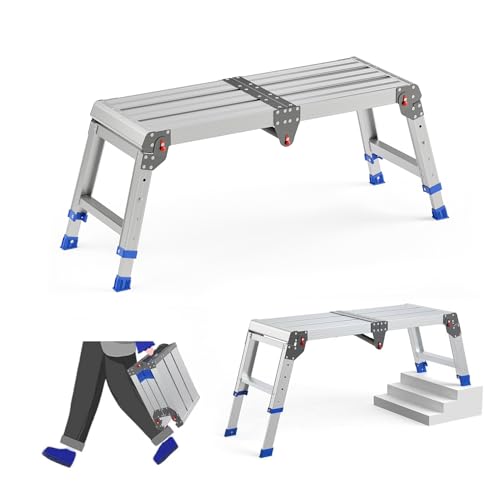 Loyoda Folding Work Platform for Adults, Portable Aluminum Step Stool 500lb | 13.7"-19.5" Adjustable Height, 11.8" x 32.7" Wide Platform for Garage, Painting, Reach High Shelves, Gardening, Car Wash - size: Medium