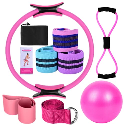 Karlak Yoga Sets for Women Pilates at Home Equipment Pilates Magic Ring Booty Bands for Working Out Glutes Yoga Ball 25cm Figure 8 Resistance Band Yoga Bands for Stretching - color: Pink