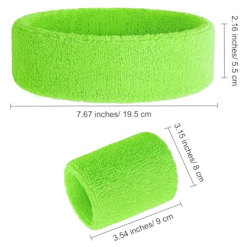 Bememo 6 Pcs Neon Sports Sweatbands Set Sports Competitions Sweatbands 2 Headband 4 Wristbands Breathable Terry Cloth Athletic Bands for Team Soccer Spirit 80s Costumes Cosplay - color: Neon Green
