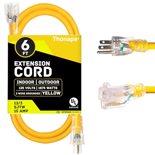 Thonapa 12 Gauge Extension Cord 6 Ft Outdoor - 12/3 Heavy Duty, Lighted End | SJTW Yellow Cable, 3 Prong, Grounded Plug, For Job Sites, Garden & Major Appliances - color: Yellow, size: 6 Foot