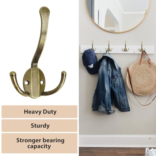 Homanu 8 Pack Coat Hooks Heavy Duty, Metal Three Prongs Large Coat Hooks Wall Mounted with 16 Screws, No Rust Antique Brass Rustic Wall Hooks for Hanging Towel, Coat, Scarf, Bag, Hat, Cup, Key - color: 8 Pcs Antique Brass
