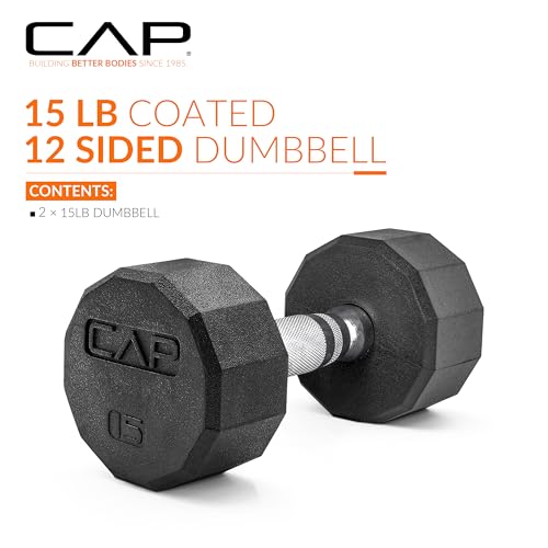 CAP Rubber Coated Dumbbell Weights, Free Weights for Home Gym Strength Training, Anti-Roll Hex Dumbbells with Black, Chrome & Comfort Grip Handles, Pairs & Sets - size: 15 lb - Pair, style: 12-Sided - Chrome Handle