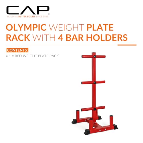 CAP Olympic Bumper Plate Tree Rack with Barbell Holders, Heavy-Duty Weight Plate Storage Rack for Home Gym, Steel Olympic Plate Organizer Stand, Multiple Color & Size Options - color: Red, size: 6-Plate Posts / 4 Bar Holders