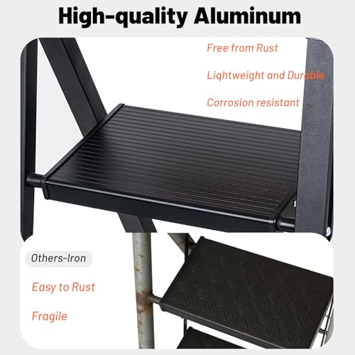 Aluminum 3 Step Ladder with Tool Tray - 600lbs Heavy Duty Lightweight Step Stool with Extended Handrails, Work Platform for Home Maintenance & DIY Projects (Black&Orange)