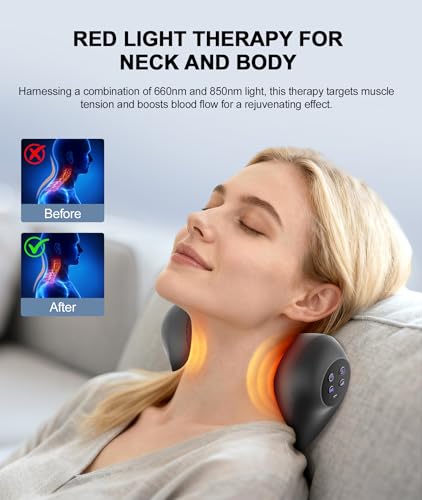 Neck Massager with Heat, Red Light & Vibration Adjustable, Heated Neck Stretcher with 3 Modes, Rechargeable Cervical Traction Device for Pain Relief & Muscle Relaxation, Gift for Women Men - color: Black