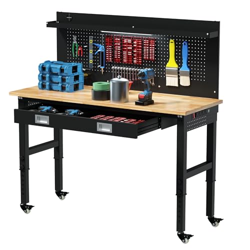Betterhood 60" Heavy Duty Adjustable Workbench with Large Pegboard & LED Light, Adjustable Work Table with Power Outlets & Lockable Wheels, Rubber Wood Workstation for Garage, Workshop, Office, Home - size: Large Pegboard/Power Outlets/Drawer/Light/60"x22