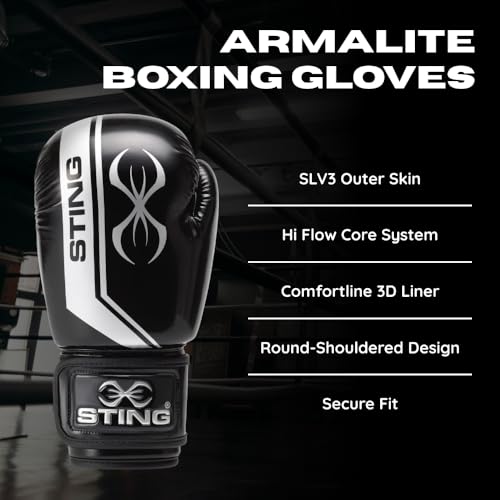 STING Armalite Boxing Gloves, Durable Boxing Equipment for Boxing Training, Balanced Weight Distribution | SLV3 Outer Skin, SAS Layering, Hi Flow Core Padding, Comfortline 3D Liner - color: Black/Silver, size: 12 Oz